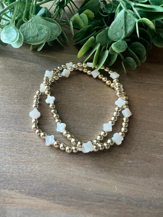 Gold Bracelet with Shell Flower Stack