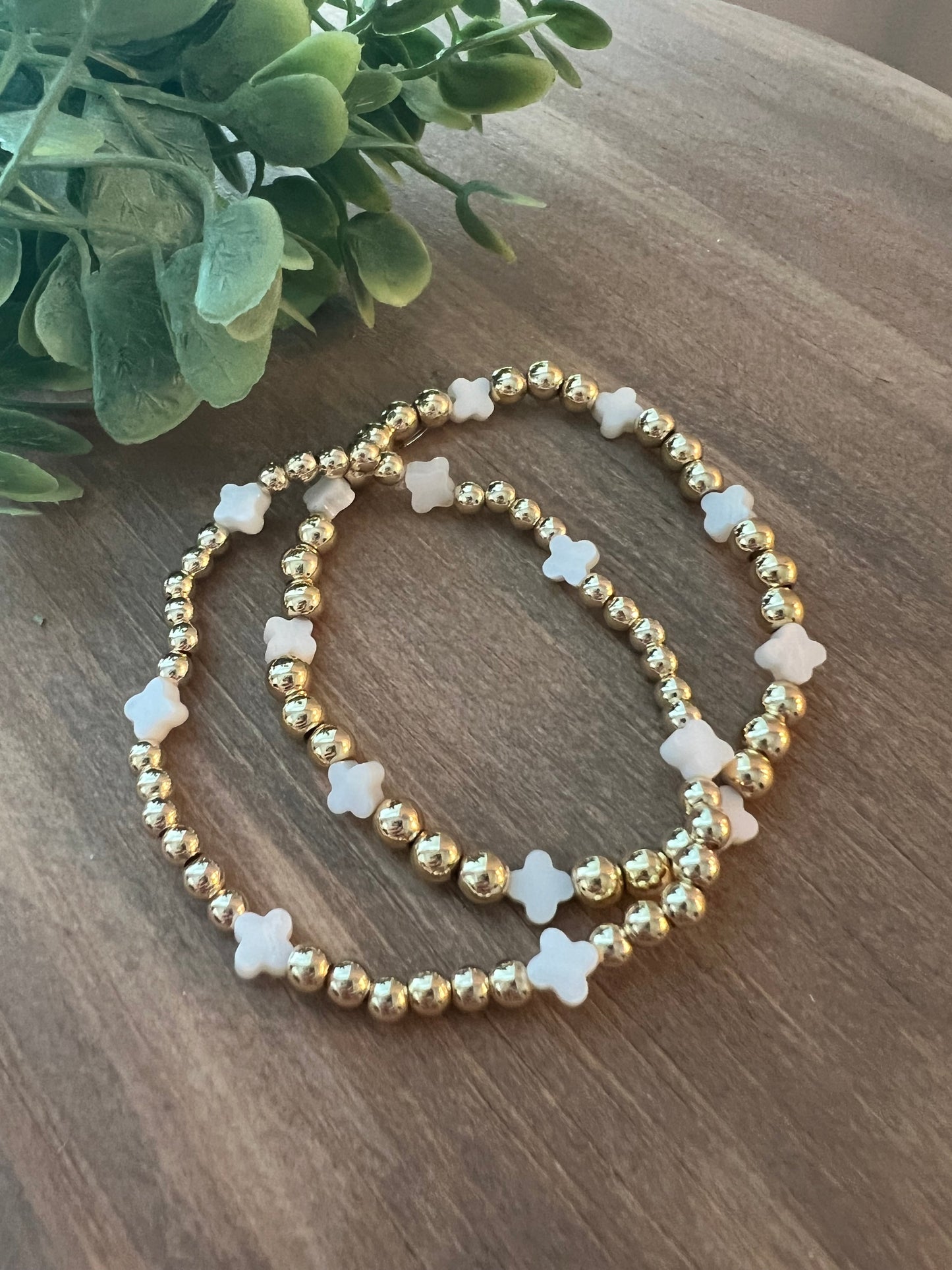 Gold Bracelet with Shell Flower Stack